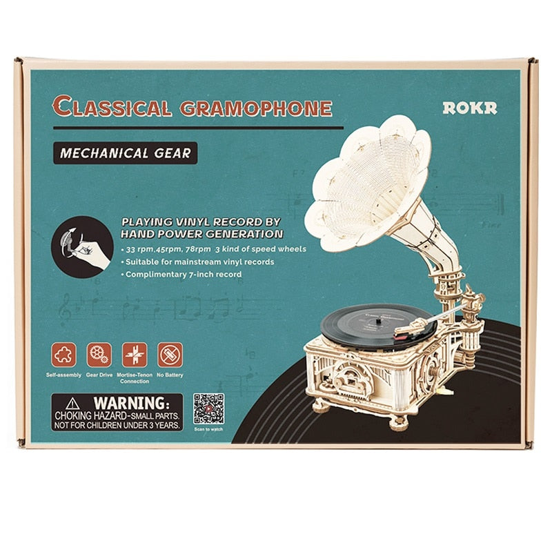 Hand Crank Classic Gramophone with Music 1:1 424pcs Wooden Model Building Kits